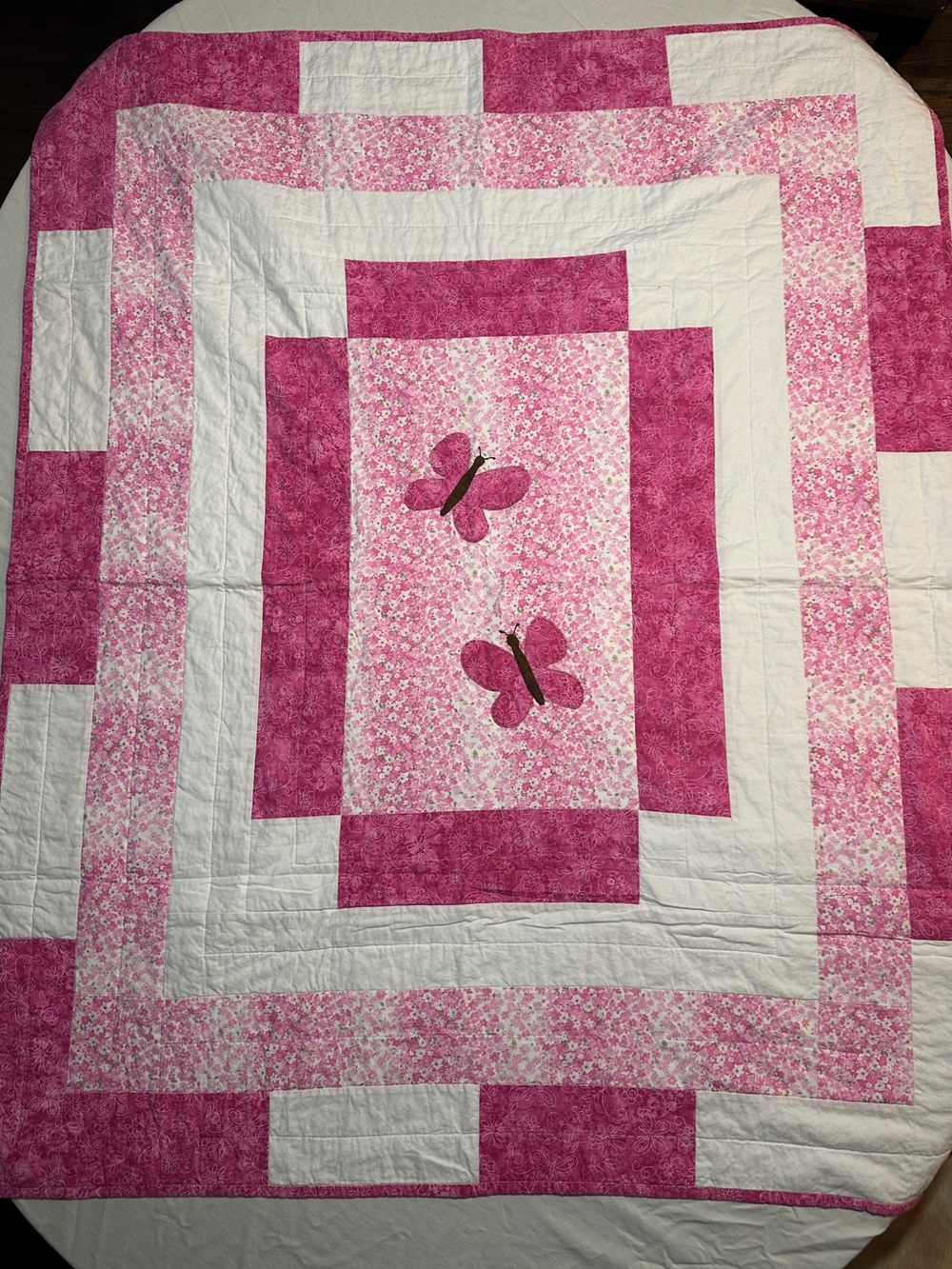 Pink Butterfly Patchwork Quilt - Soft Floral Design